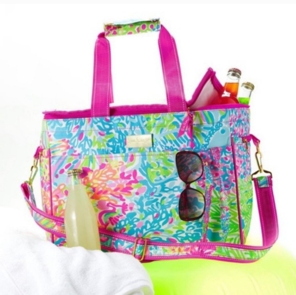 Lilly Pulitzer Insulated Beach Cooler Leaves w/Hot Pink Trim & Gold Hardware New - Picture 12 of 13